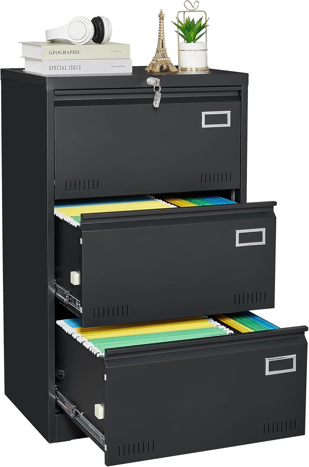 Black 3 Drawer Metal Lateral File Cabinet L361234