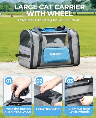 Cat Carrier with Wheels, Airline Approved Pet Carrier for Cats Dogs 15 lbs with Telescopic Handle, Small Dog Carrier with Wheels Removable, Soft Rolling Cat Carrier with Large Pocket N4161