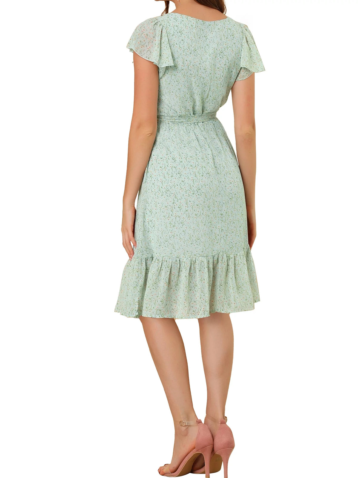 Floral Print Flutter Sleeves Square Neck Ruffled Hem Dress D84239