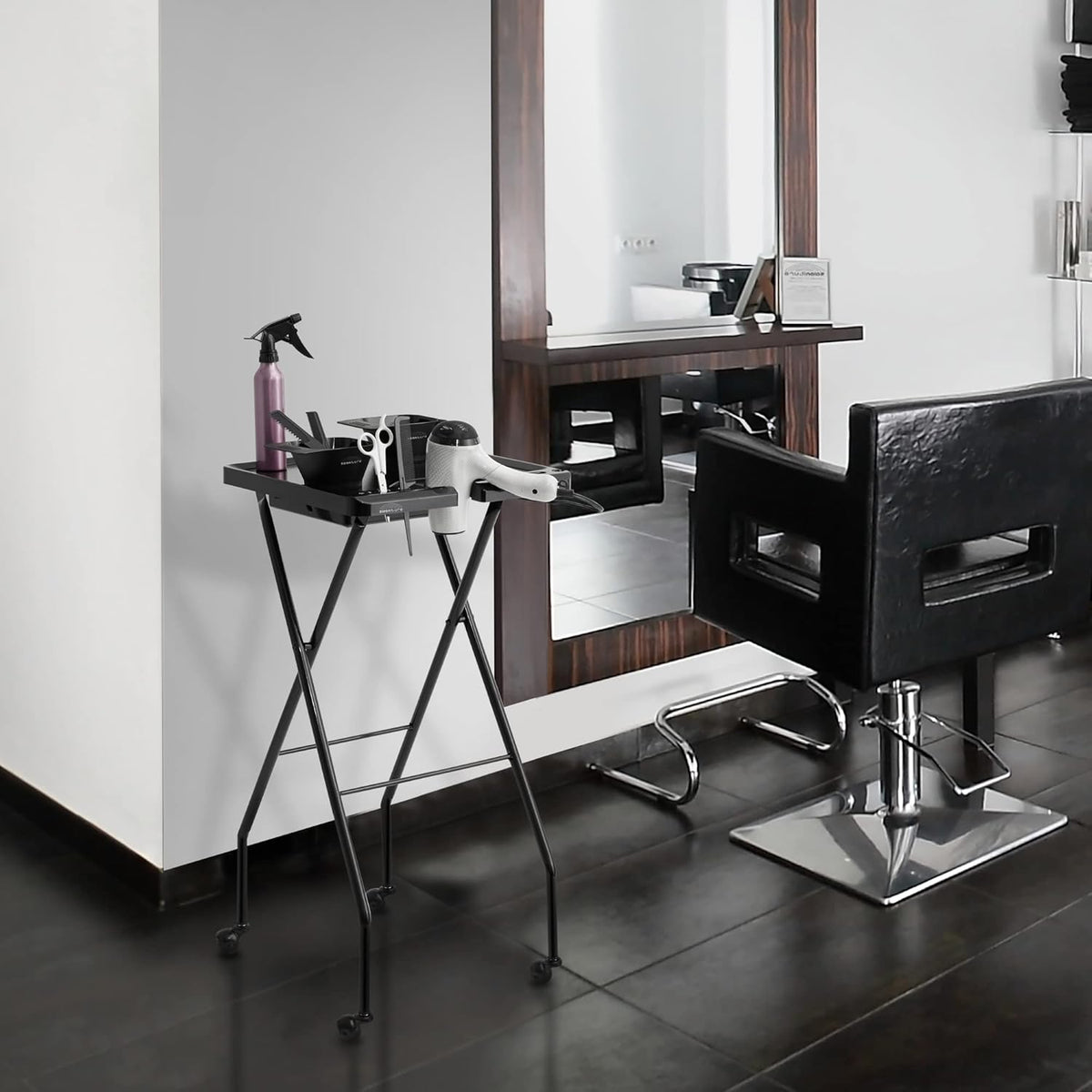 Rolling Salon Coloring Tray with Drawer and Magnetic Bowls, Black A424