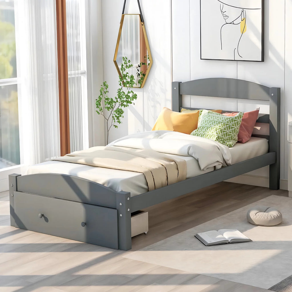 White Pine Wood Twin Bed with Storage Drawer G58159