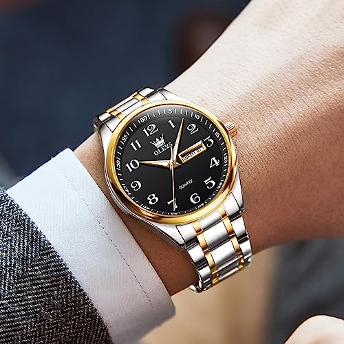 Gold Silver Black Stainless Steel Analog Quartz Watch with Day and Date X38850