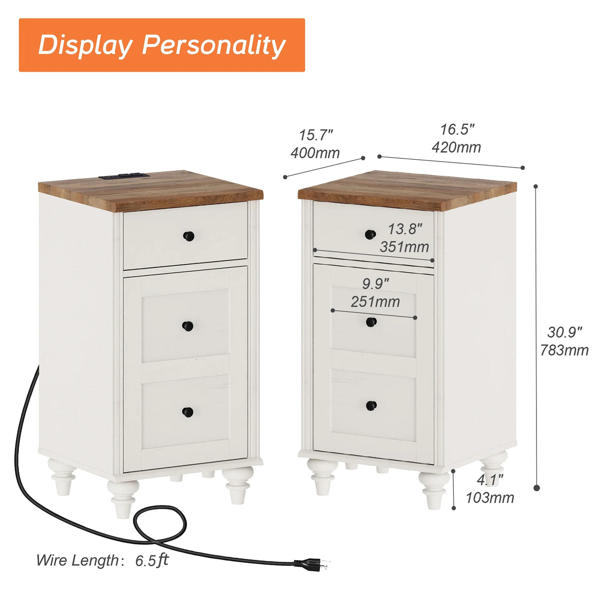 Off-White Wood Nightstand with Drawer and Charging Station B8873
