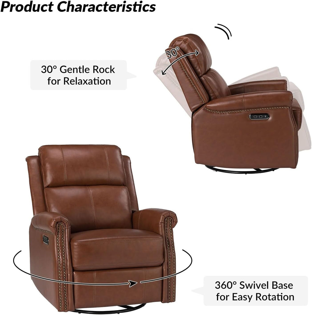 Genuine Leather Power Swivel Recliner with Metal Base E6537