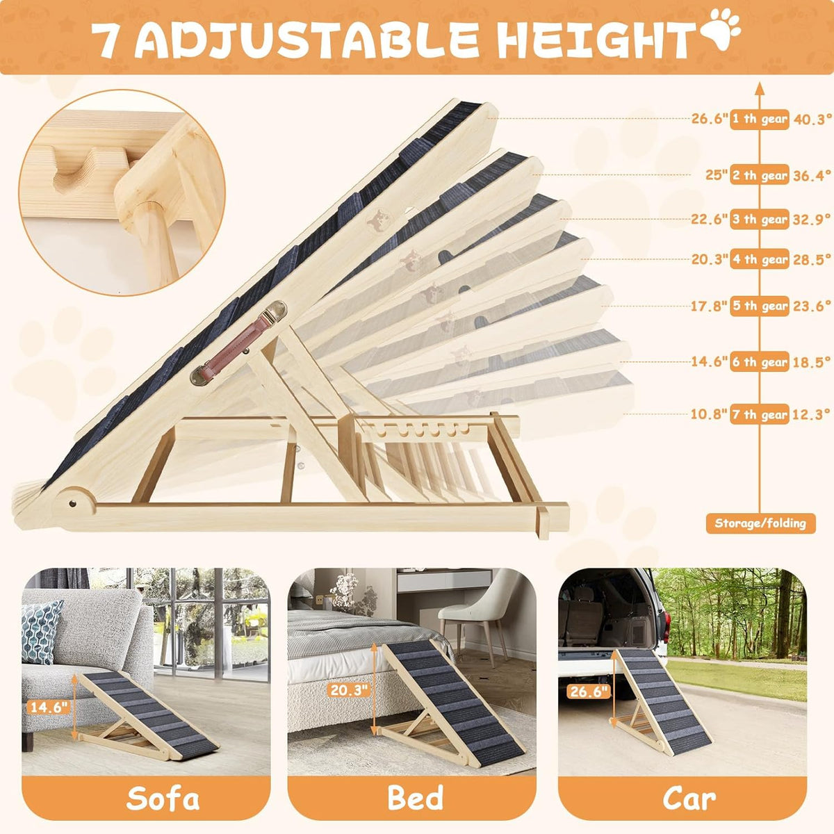 Folding Wooden Pet Ramp, 7 Adjustable Height from 10.8" to 26.6", Supports Up to 200lbs K1834