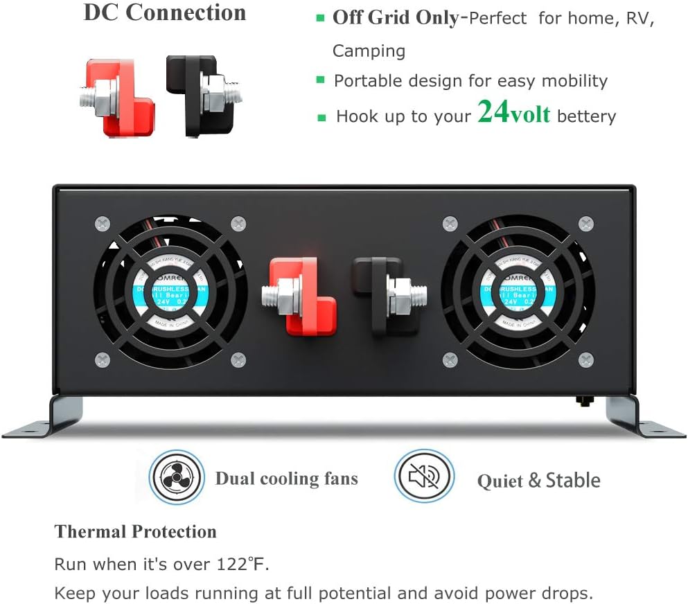 3000 Watt 24V DC Pure Sine Wave Power Inverter with Remote Control Switch, Dual 110V 120V AC Outlets N2619