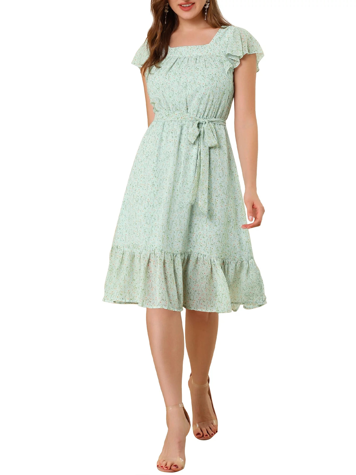 Floral Print Flutter Sleeves Square Neck Ruffled Hem Dress D84239
