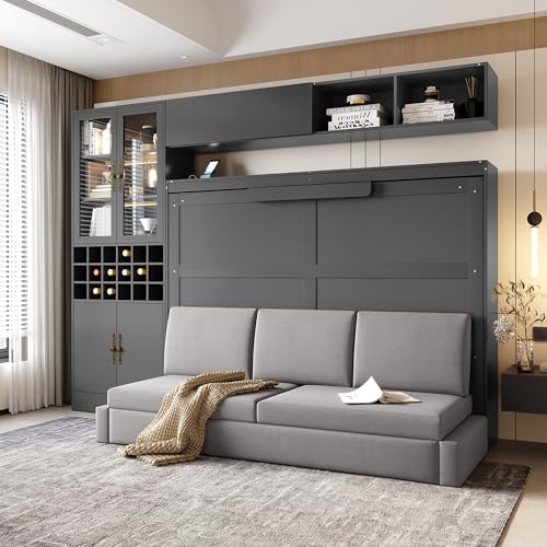 Queen Murphy Bed with Couch and Storage Shelves, Charging Station, LED Light, Wood Foldable Wall Bed Cabinet with Sofa and Storage Cabinet, Bookcase, Wine Rack (White) D3297