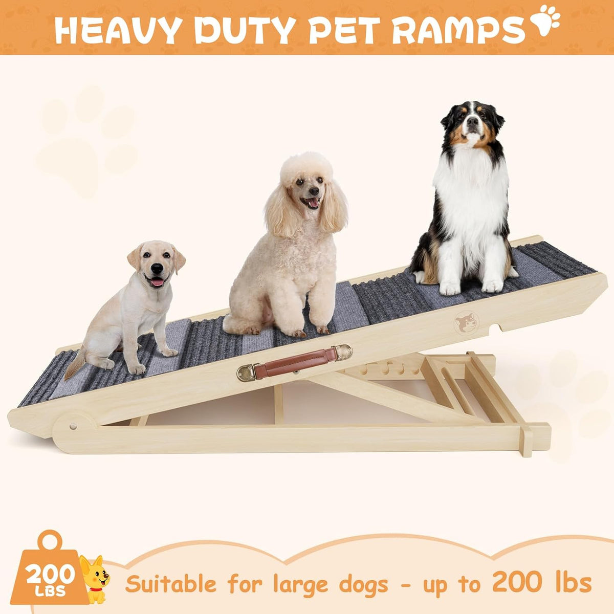 Folding Wooden Pet Ramp, 7 Adjustable Height from 10.8" to 26.6", Supports Up to 200lbs K1834