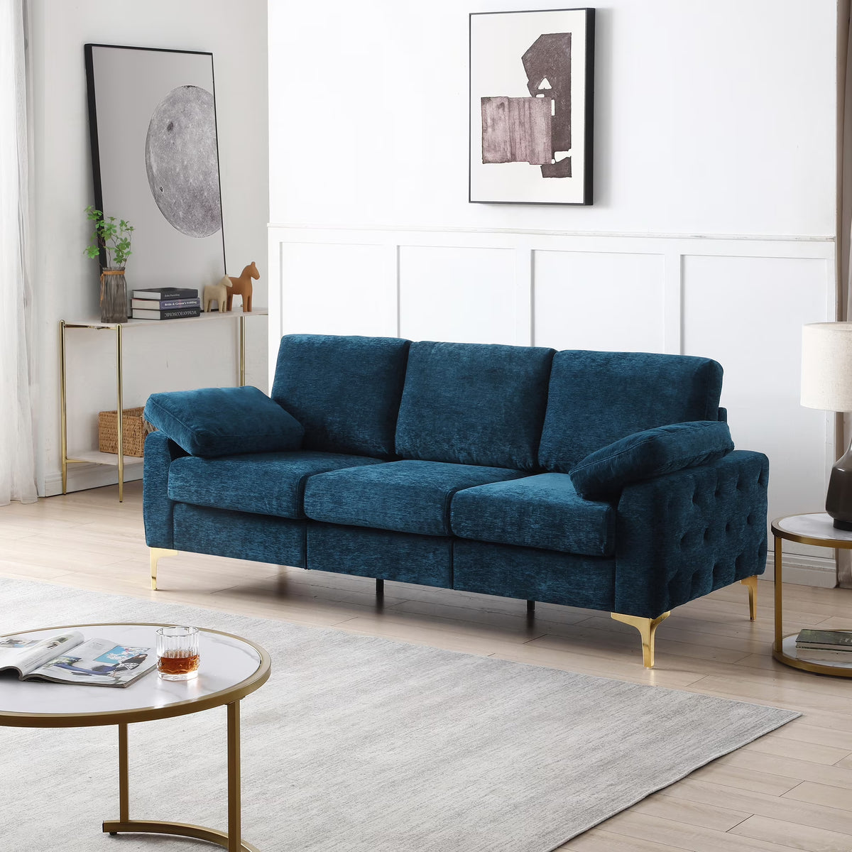 Blue Chenille Upholstered 3-Seater Couch Sofa with 2 Armrest Pillows D236