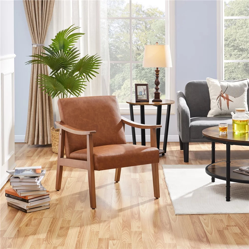 Light Brown Faux Leather Armchair with Solid Wood Legs A4135