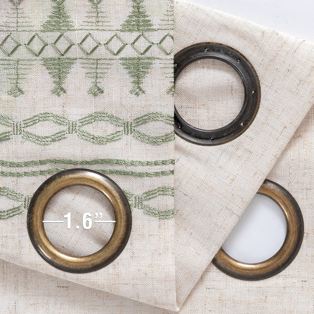 Sage on Beige Semi Sheer Linen Curtains 84 Inch Grommet 2 Panels L891606