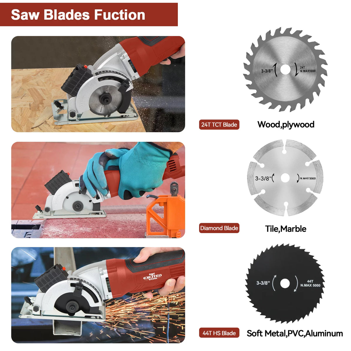 Mini Circular Saw, 5000RPM Electric Compact Circular Saw with 3 Blades L457