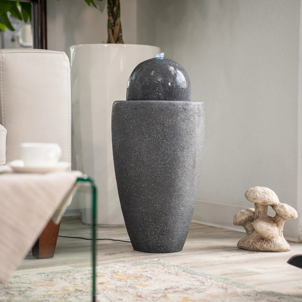 25.98"W Round Stone Indoor/Outdoor Water Fountain with LED Lights, Gray O416