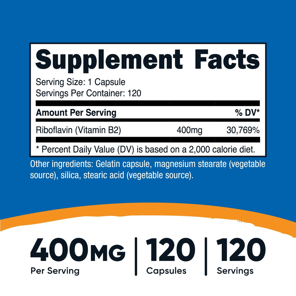 Vitamin B2 (Riboflavin) 400mg, 120 Capsules E812