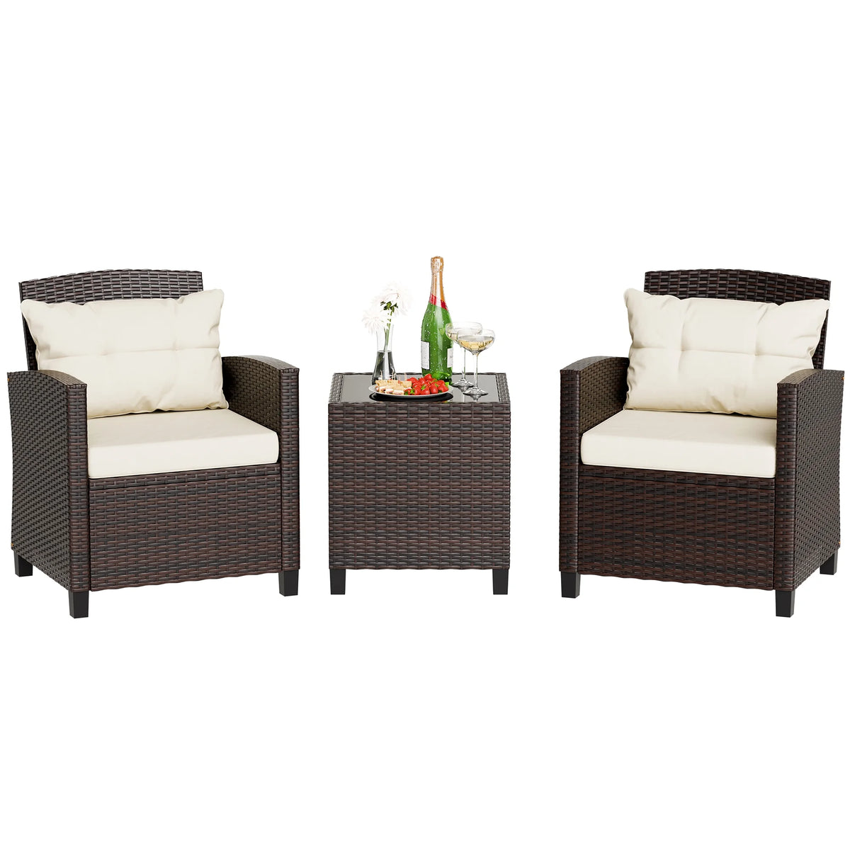 3 Pieces Wicker Patio Furniture Set with Tempered Glass Table Beige R66393