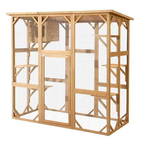 Large Outdoor Wooden Cat Enclosure with Platform and Small House B700