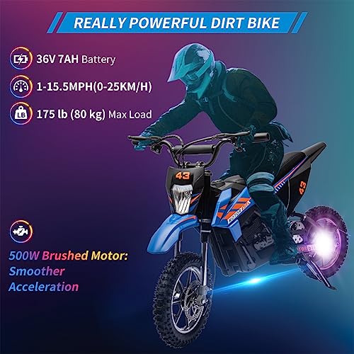 Blue Electric Dirt Bike 500W Brushed Motor 15.5MPH Leather Seat R718640