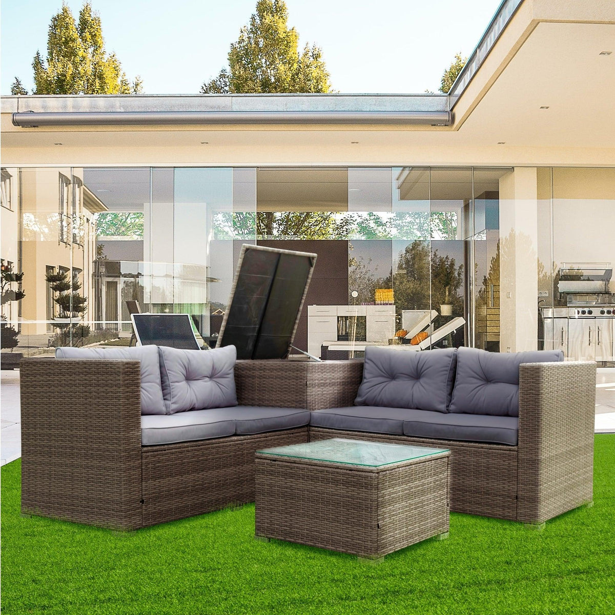 4 Piece Patio Sectional Wicker Rattan Outdoor Furniture Sofa Set Grey F8864