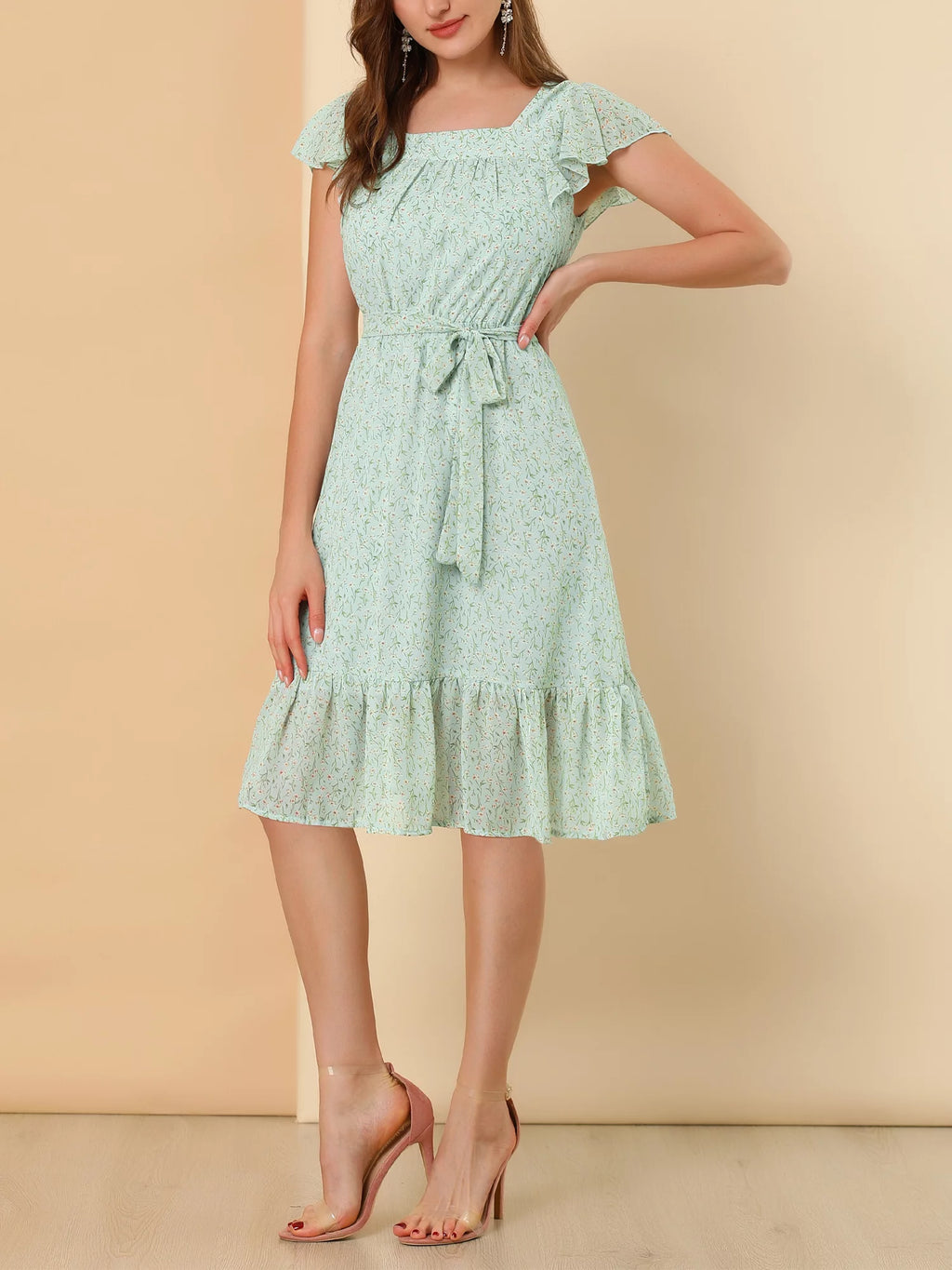 Floral Print Flutter Sleeves Square Neck Ruffled Hem Dress D84239