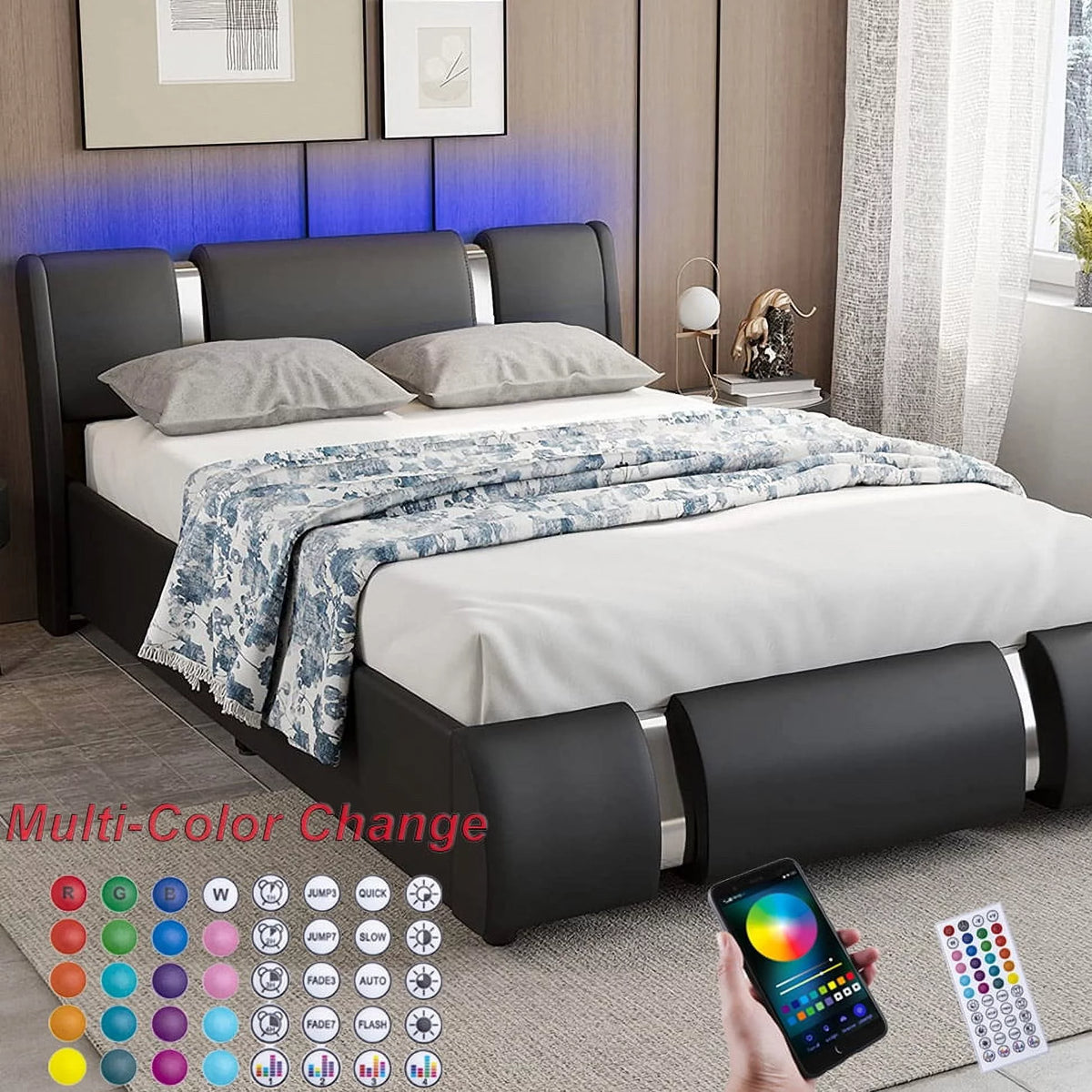 Queen Size Faux Leather Upholstered Platform Bed Frame with LED Light Headboard Q682