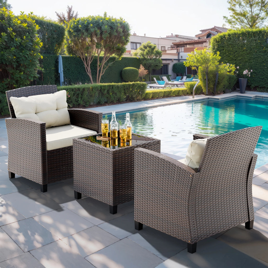 3 Pieces Wicker Patio Furniture Set with Tempered Glass Table Beige R66393