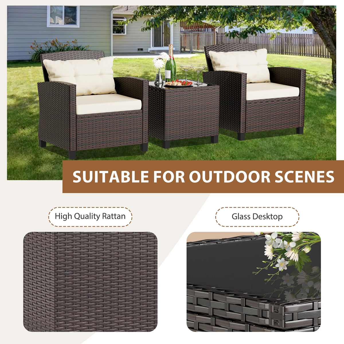 3 Pieces Wicker Patio Furniture Set with Tempered Glass Table Beige R66393