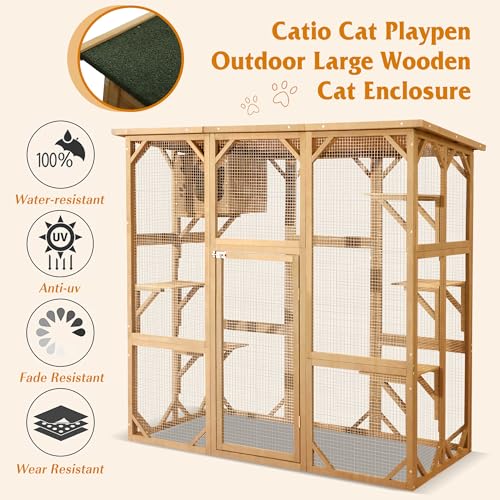Large Outdoor Wooden Cat Enclosure with Platform and Small House B700
