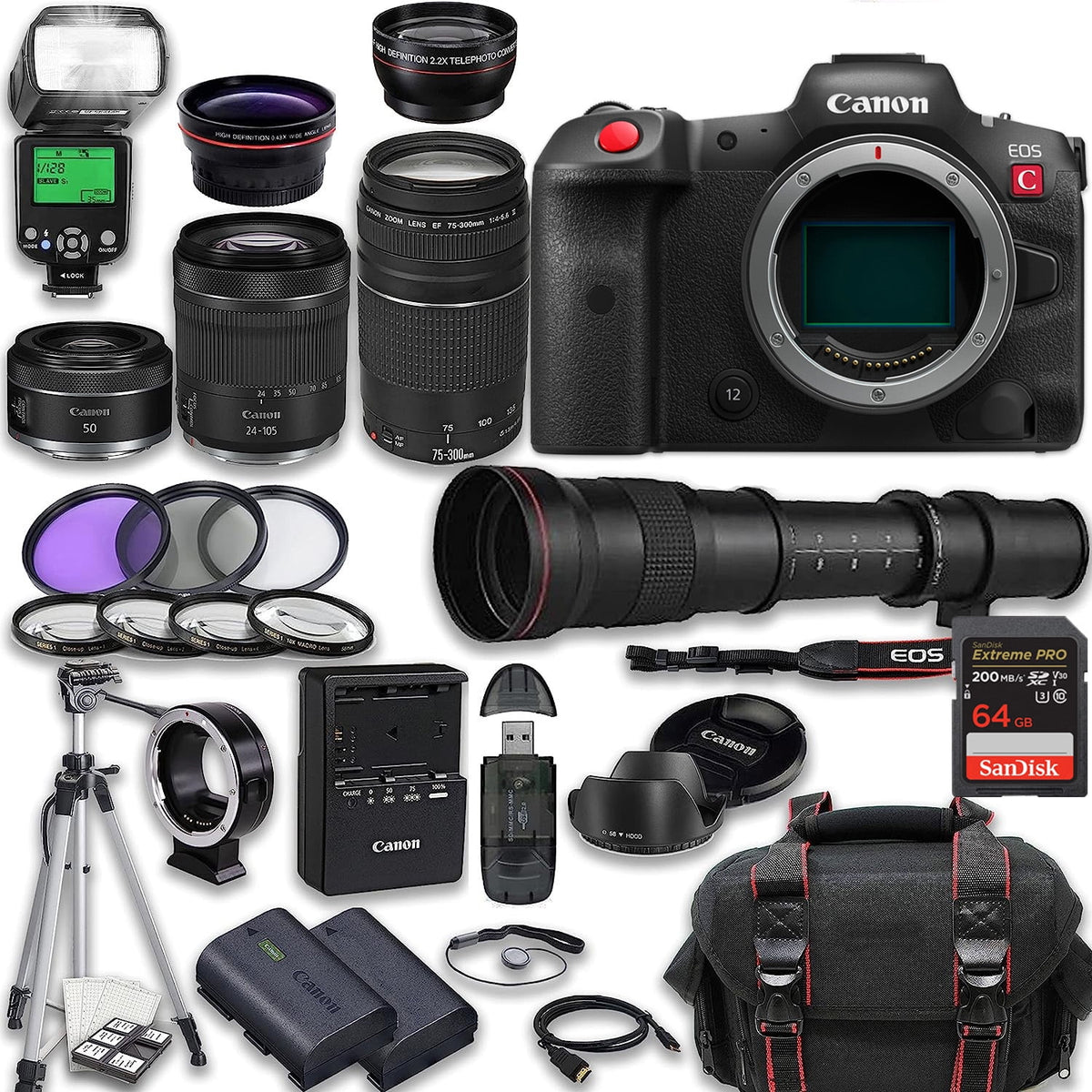 Mirrorless Cinema Camera with RF 24-105mm STM, RF 50mm f/1.8 STM, EF 75-300mm f/4-5.6 III, 420-800mm Lens, 128GB Memory, TTL Flash, Battery, Tripod D801