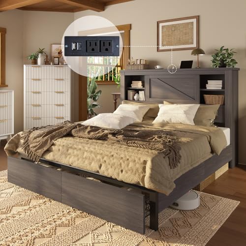 Grey King Bed Frame with Storage Drawers and Bookcase Headboard N95195