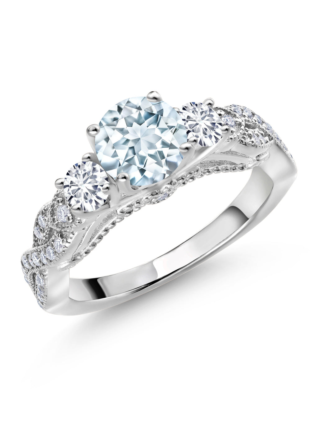 925 Sterling Silver Sky Blue Aquamarine White Diamond White Moissanite Engagement Ring M719