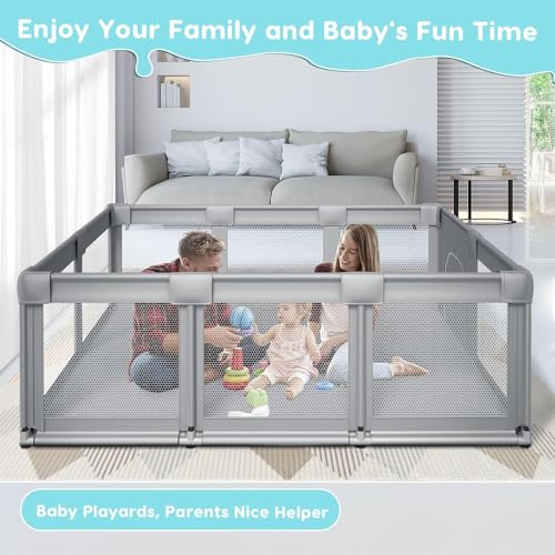 Large Baby Playpen with Soft Breathable Mesh, Grey H96505