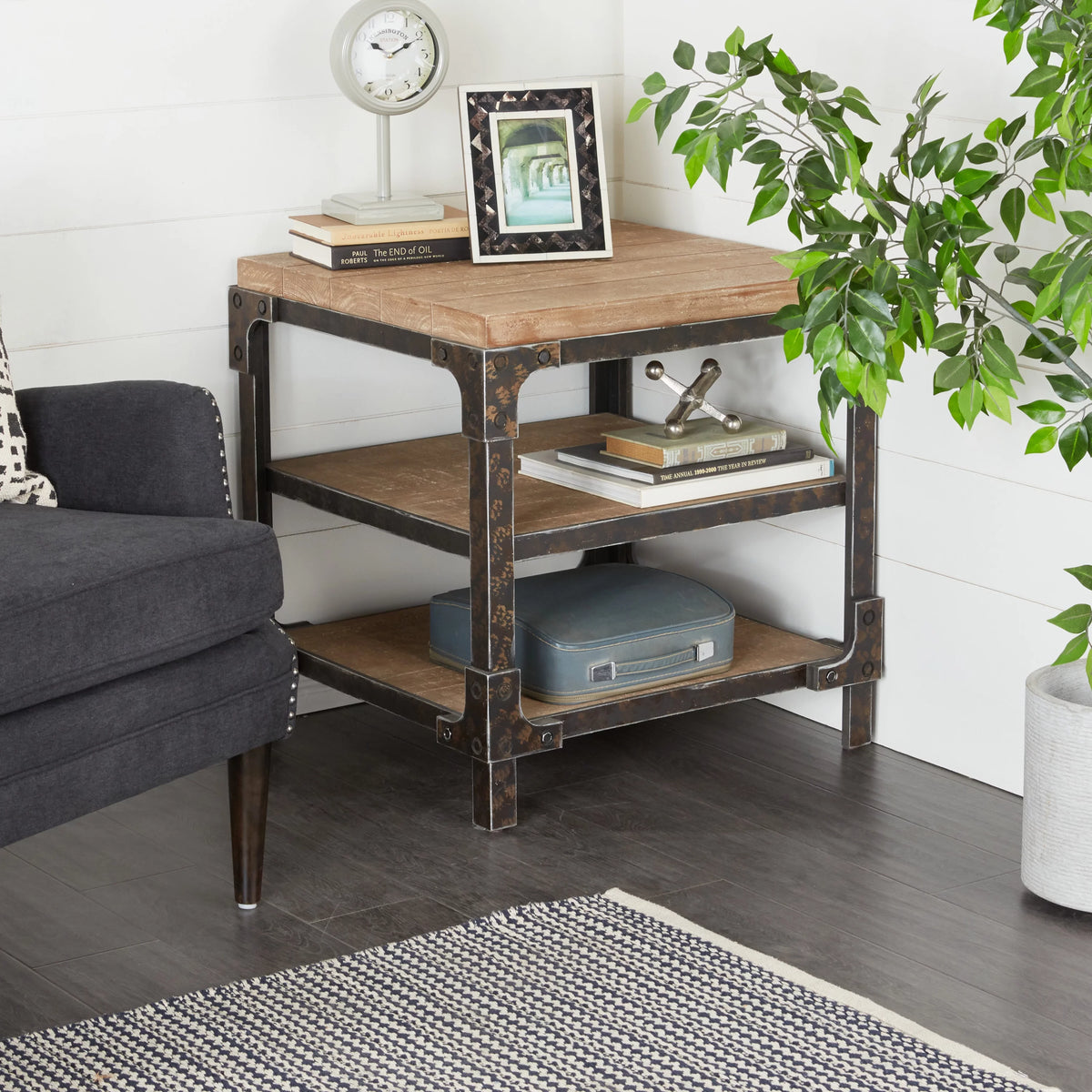 24" x 26" Brown Wood 2 Shelves Accent Table Y722