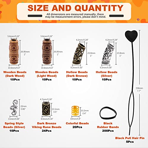 300Pcs Viking Rune Beads Hair Beard Beads Set including 5Pcs Black Pull Hairpin Quick Beader Hairpins and 200Pcs Black Rubber Bands with a Bag R3086