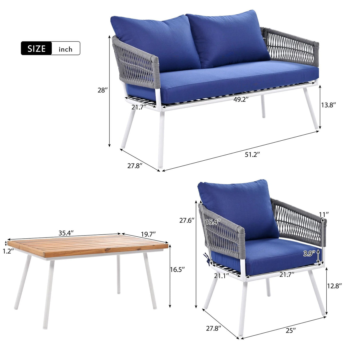 4-Piece Boho Rope Patio Furniture Set with Wood Table L7004
