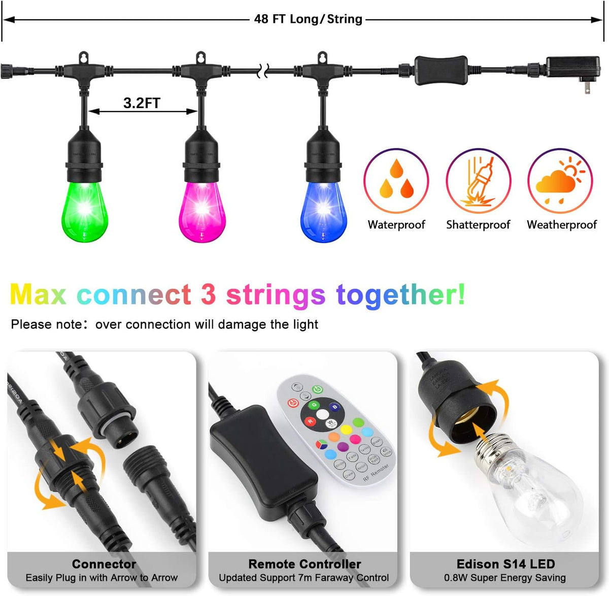 2-Pack RGB Outdoor String Lights with S14 Edison Bulbs 96FT L644248