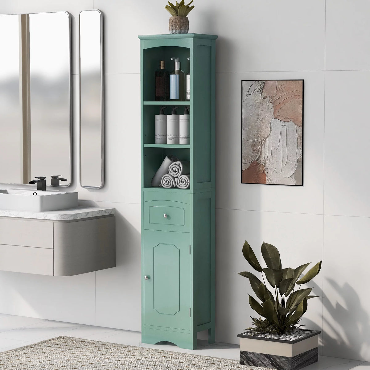 Tall Green MDF Bathroom Storage Cabinet with Drawer T1182