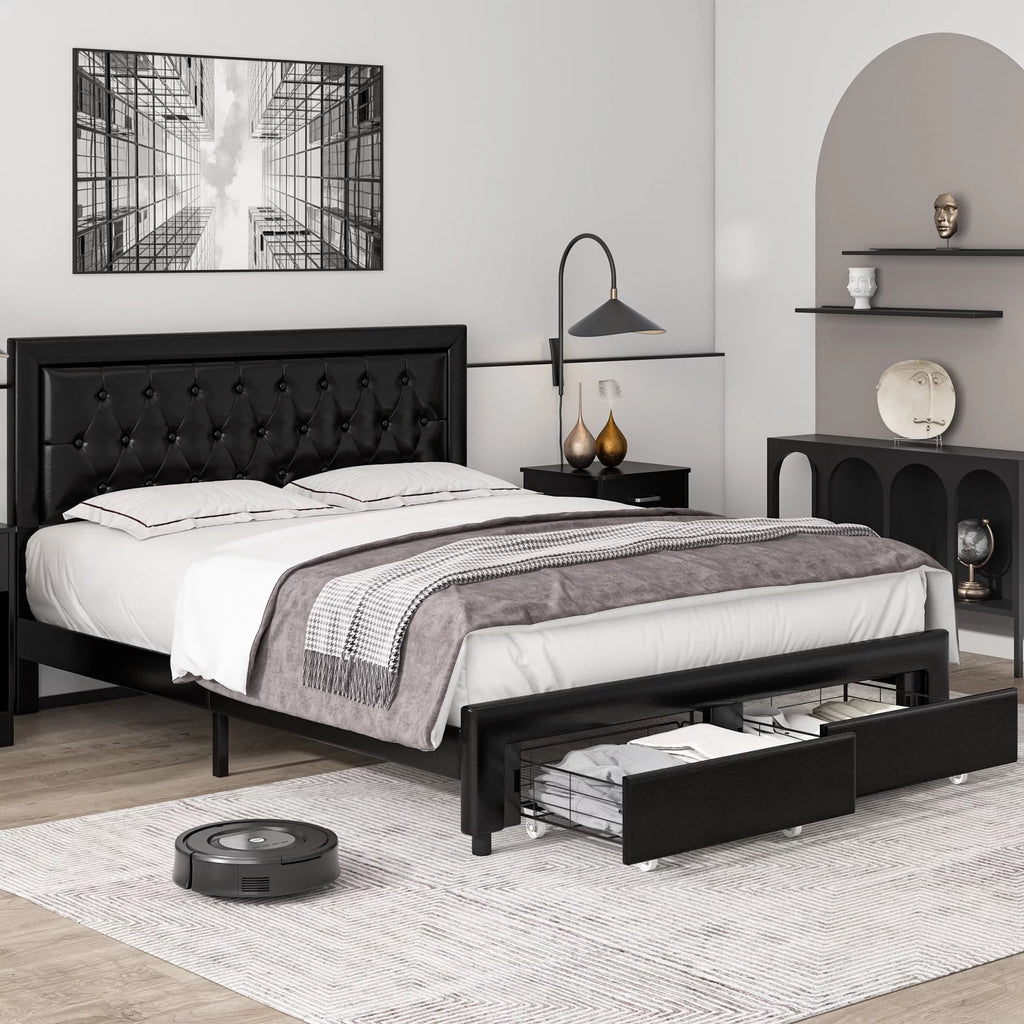 Queen Size Black PU Leather Upholstered Platform Bed Frame H238900