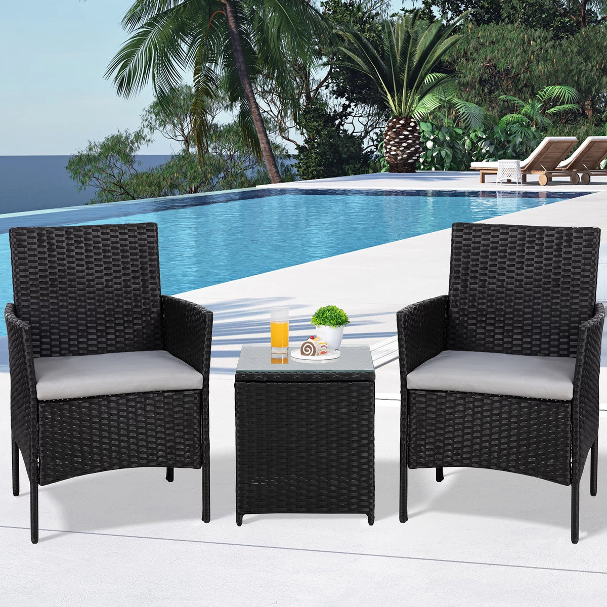 3 Pieces Wicker Patio Furniture Set with Tempered Glass Table Beige R66393