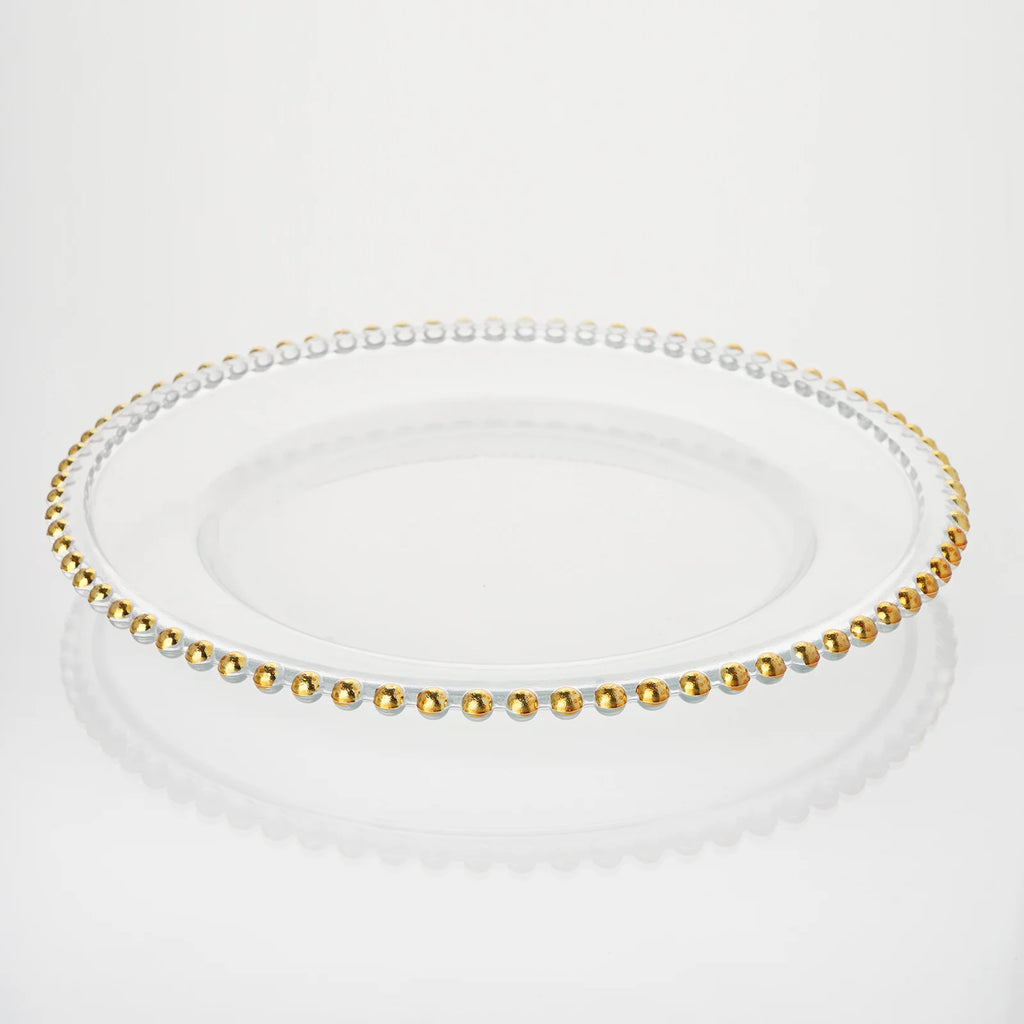 8 Clear 12" Glass Charger Plates Gold Beaded Rim W3635