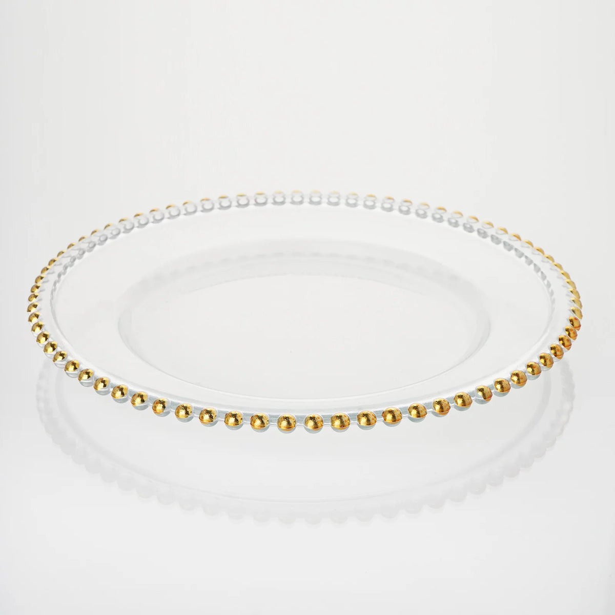 8 Clear 12" Glass Charger Plates Gold Beaded Rim W3635