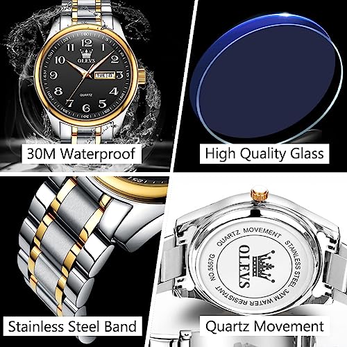 Gold Silver Black Stainless Steel Analog Quartz Watch with Day and Date X38850
