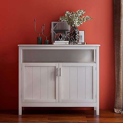 White Solid Wood Buffet Table with 2 Doors and Shelves S823992