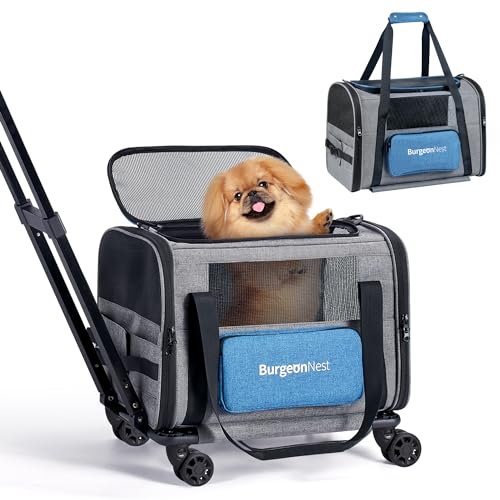 Cat Carrier with Wheels, Airline Approved Pet Carrier for Cats Dogs 15 lbs with Telescopic Handle, Small Dog Carrier with Wheels Removable, Soft Rolling Cat Carrier with Large Pocket N4161