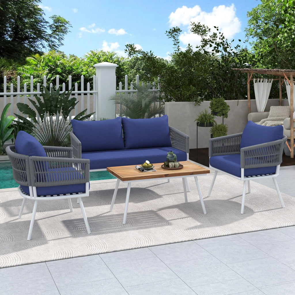 4-Piece Boho Rope Patio Furniture Set with Wood Table L7004