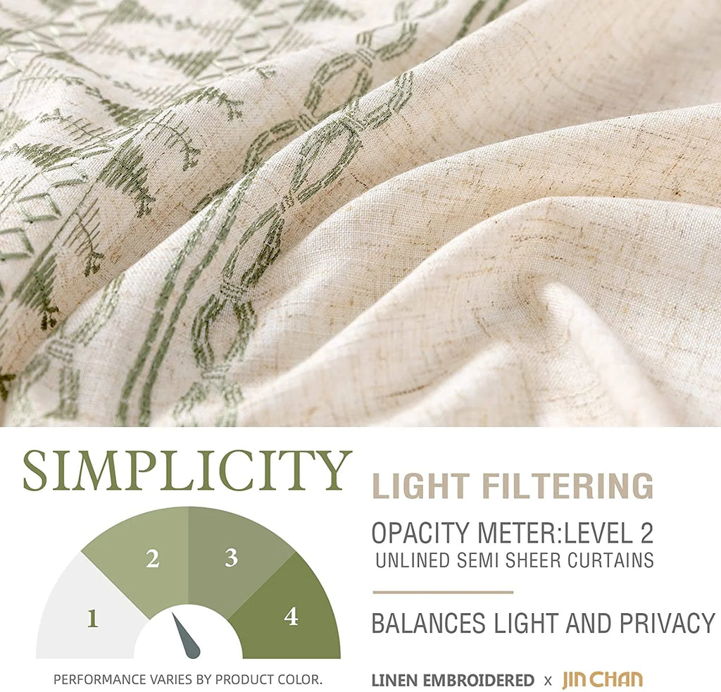 Sage on Beige Semi Sheer Linen Curtains 84 Inch Grommet 2 Panels L891606