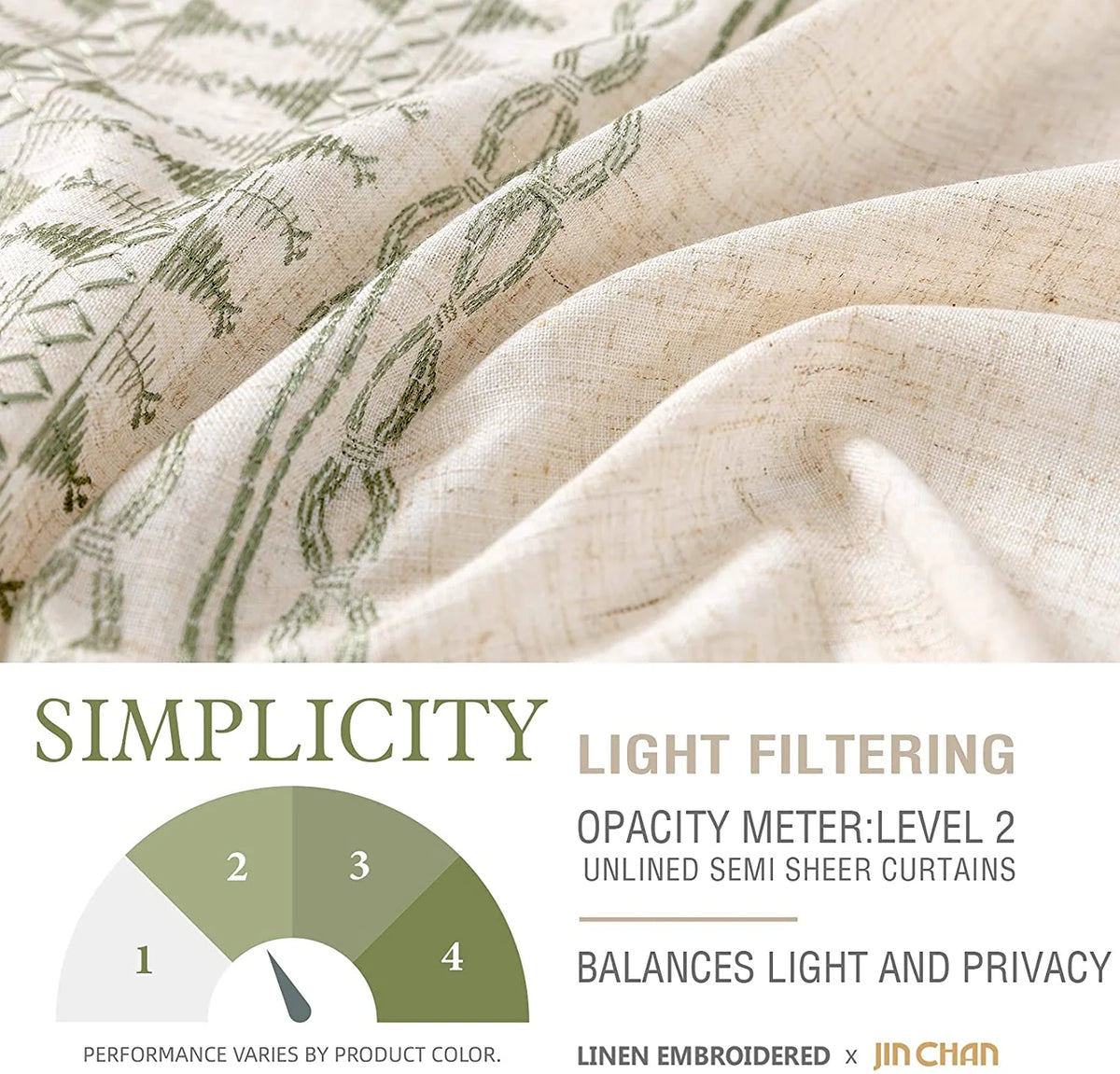 Sage on Beige Semi Sheer Linen Curtains 84 Inch Grommet 2 Panels L891606