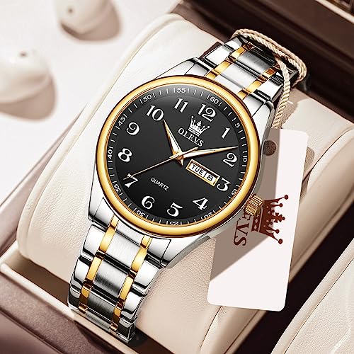 Gold Silver Black Stainless Steel Analog Quartz Watch with Day and Date X38850
