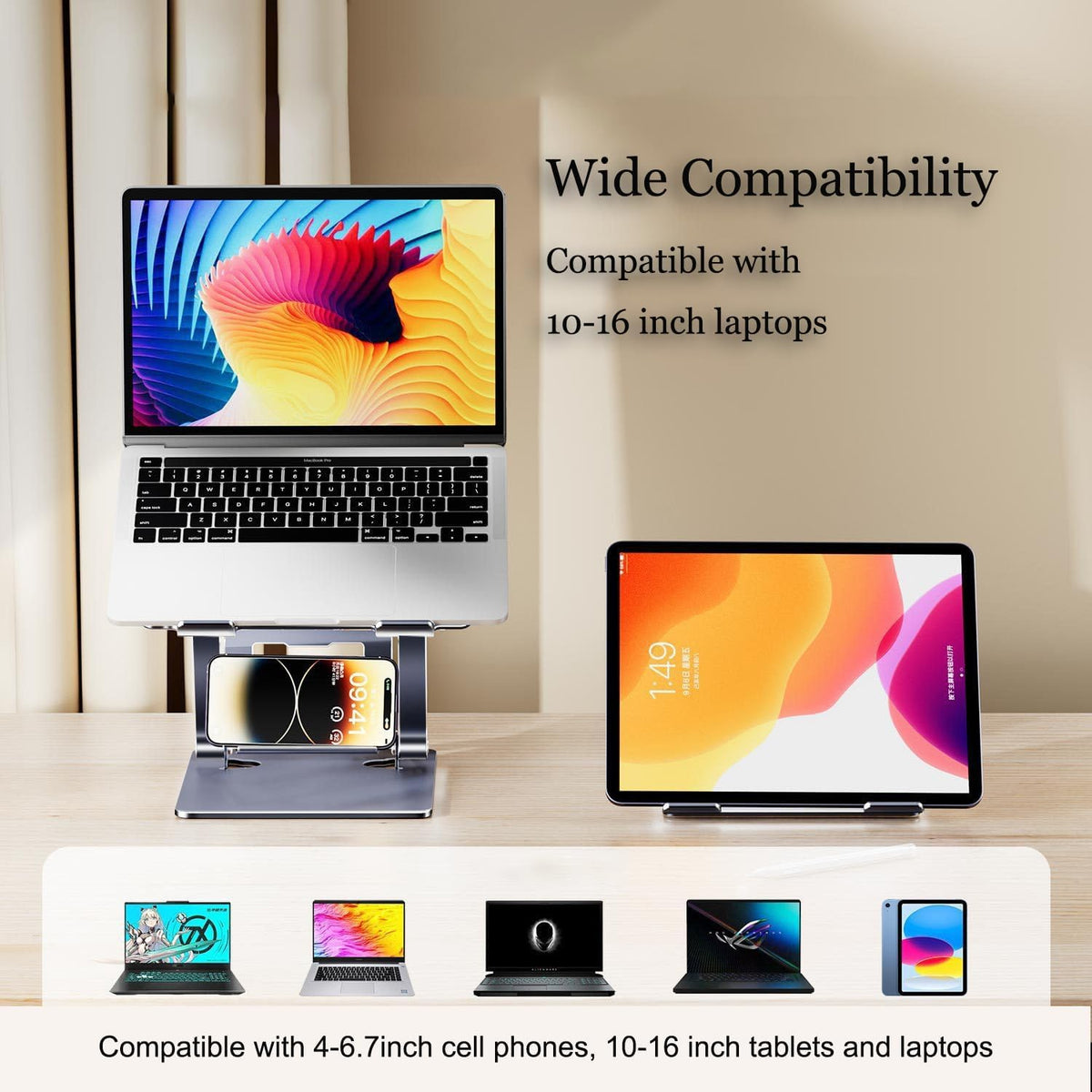 Adjustable Height Laptop Stand with Phone Holder, Foldable Laptop Riser U3610