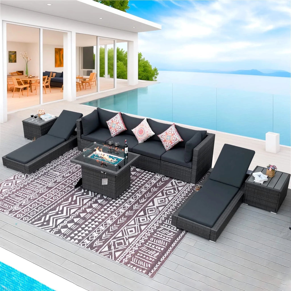 9 Piece Wicker Rattan Patio Sofa Set with Fire Pit Table Q5033